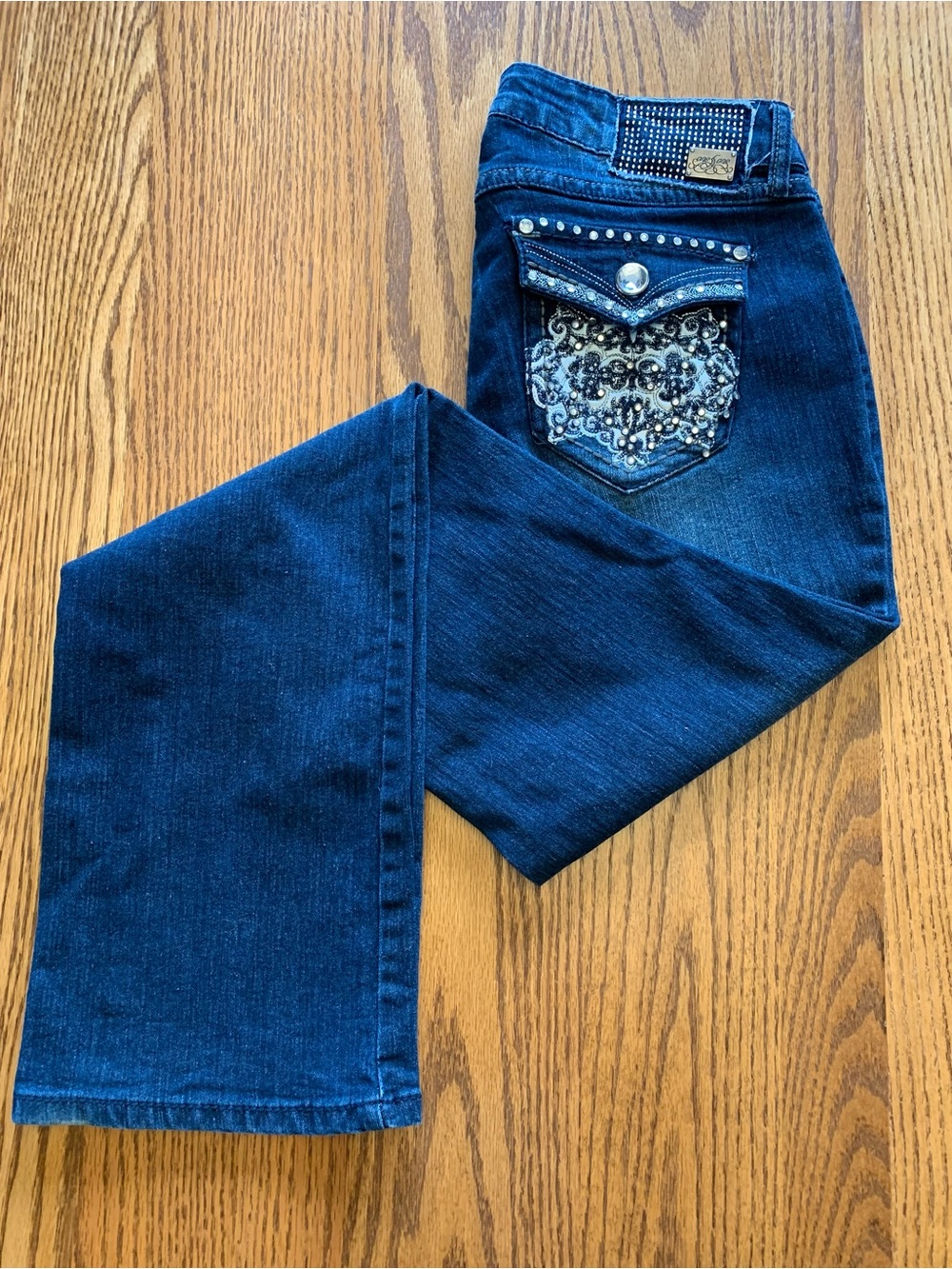 One 5 One Dark Blue Boot Cut Jeans with Embellished Pocket